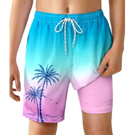 YGDSX - Traje de baño para niños con forro de compresión para niños de secado rápido 2 en 1, pantalones cortos de playa de verano, Blue Pink-tree, 14-16 Años