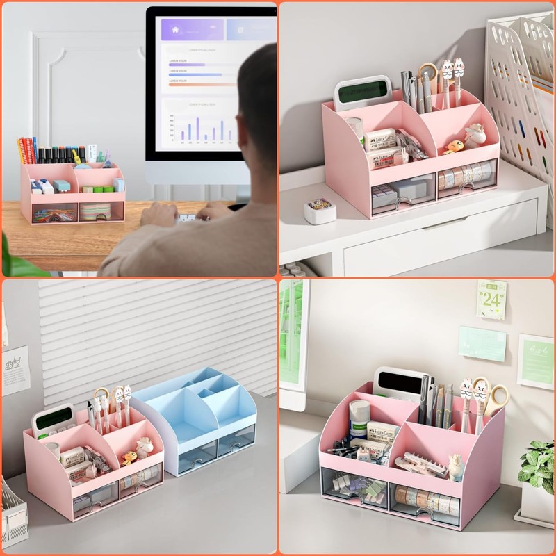 KAHEIGN Desk Organiser with 6 Compartments and 2 Drawers, 19