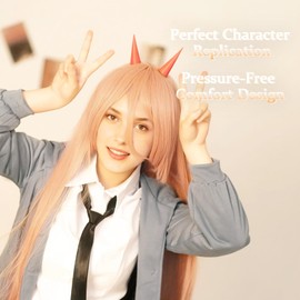 Cute Halloween Orange Cosplay Wig，2 Hair Caps + Anime Long Straight Wig, Synthetic False Hair with Detachable Red Horns，Perfect for Christmas Parties for Women and Teen Girls
