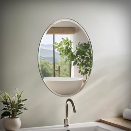 Gatco 1800 Bathroom Wall Mirror, 27"H x 20"W Modern mirror for Living Room, Vanity, Slim Design Beveled Frameless Oval mirror - Easy Mount Safety Bracket