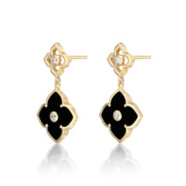 Black Onyx Flower Dangling Drop Earrings for Women in 925 Sterling Silver with Yellow Gold Plating Post Back by Lavari Jewelers