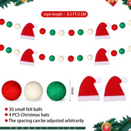 Hosuly Christmas Santa Hat Felt Ball Garland 8.3 ft Pom Pom Garland Red White Green Pompom Banner Pom Pom Hanging Decorations for Christmas Tree Home Fireplace Window Indoor Outdoor