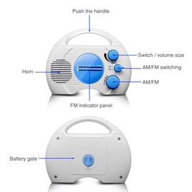 Shower Radio, Portable AM/FM Shower Radio, Waterproof Hanging Shower Radio Built-in Speaker Adjustable Volume Battery Operated Shower Radios for Bathroom Kitchen, Outdoor(Blue+White)