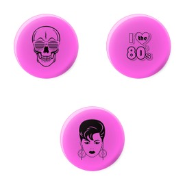80's Skull Face with Sunglasses - I Love The 80s - 1980's Woman Small Mini Badges - Fluorescent Pink - UV Reactive Black Light Glow - Pin Button Badge - 3 Pack