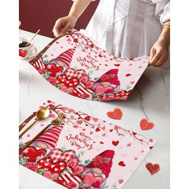 Placemats Set of 6 Happy Valentine's Day Placemats Washable Cloth Pink Gnomes Sweet Love Table Mat Heat-Resisting Placemat for Kitchen Party Dining Table Decor, 13 x 19 in