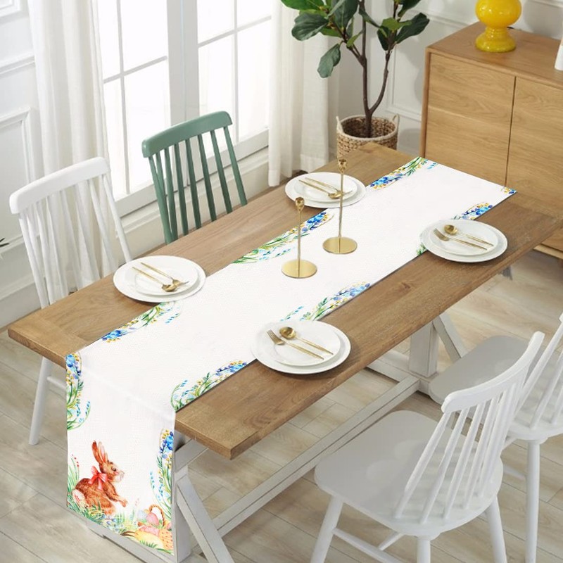 Sprinlot Easter Table Runner, Rabbit Table Runner, Easter Linen Tablecloth,