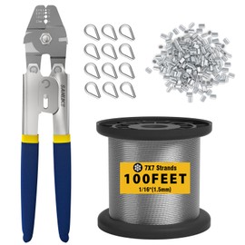 Sanuke Wire Rope Crimping Tool Kit, 100FT 1/16" Stainless Steel Cable 7X7 Strand Core, 100PCS Aluminum Crimping Loop Sleeve, 12PCS Wire Rope Thimble