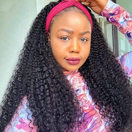 Eooma Curly Headband Wig Human Hair Wigs for Black Women 26 inch Briazilian Scarf Wig No Gel Glueless Remy Curly None Lace Front Wigs Human Hair