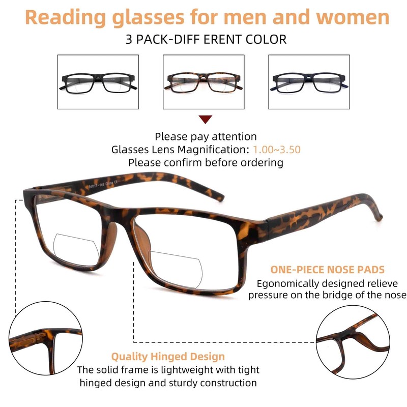 3 Pack Bifocal Reading Glasses for Men/Women Rectangular Frame Computer