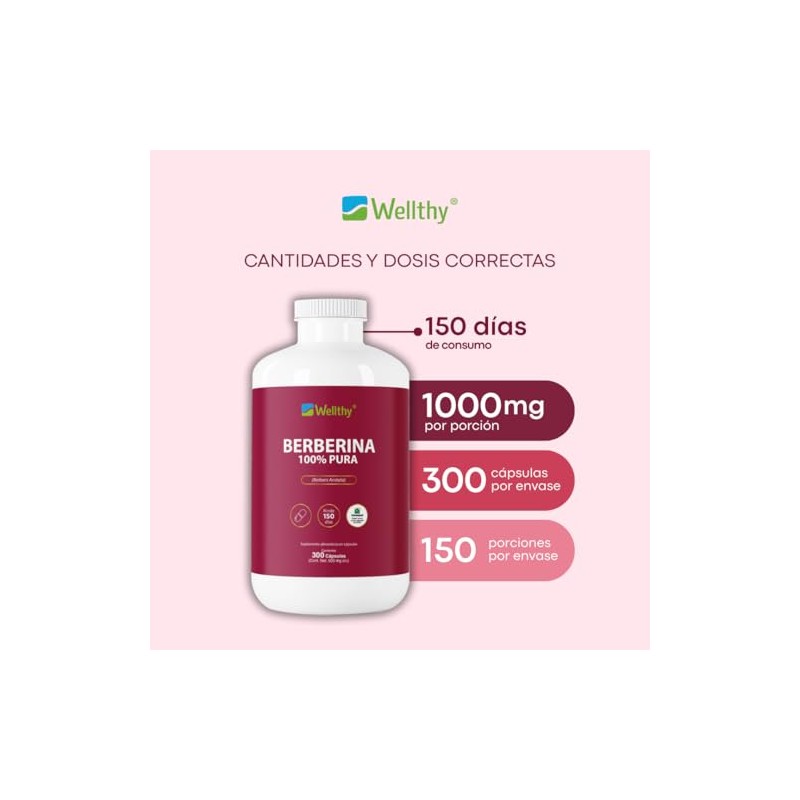 Wellthy Berberina Pura 300 Cápsulas. 100% Berberis Aristata, 500mg c/u,