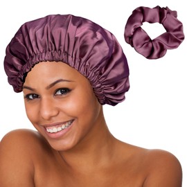 Satin Bonnet for Sleeping, Adjustable Double layer Silk Bonnet for Women and Men, Soft and Silky Hair Bonnet for Curly Hair, Prune