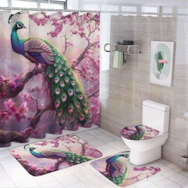 HDESDIS 4Pcs Peacock Fantasy Shower Curtain Set, Non-Slip Rug Toilet Lid Cover Bath Mat, Farmhouse Bird Purple Floral Tree Bathroom Shower Decor Set Accessory, 72" x 72"