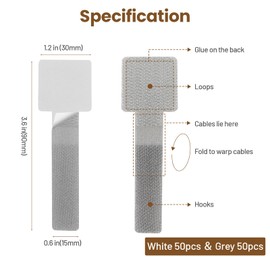 100pcs Hook and Loop Cable Ties, gliship Adhesive Wire Management, Adjustable Cable Straps Keeper Cord Holder, Sticky-Back Cord Organizer for Kitchen Appliances, Office, Home - Grey＆White