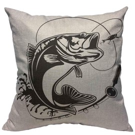 VERSUSWOLF Throw Pillow Covers Black Walleye Fishing Bass Fish Club Emblem White Jump Lure Cotton Linen Decorative Square Pillowcases Cushion Cover 18 X 18 Inch