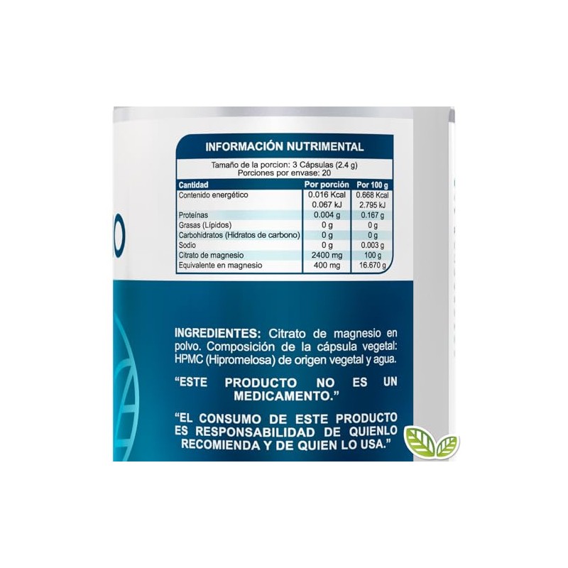 Citrato de Magnesio frasco con 60 capsulas de 800mg c/u