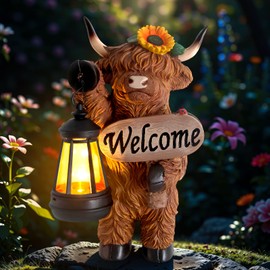 YEPOTUE Garden Highland Cow Decor, Solar Outdoor Statue with Lantern Funny Highland Cow Figurine for Yard Garden Patio Lawn Ornaments - Unique Birthday Gifts for Mom, Women