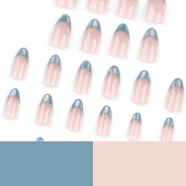 Press on Nails Medium Short Almond French Tip Fake Nails with Nude Green Cat's Eye Stone Design Full Cover Glossy Acrylic Glue on Nails False Nails Thick Stick on Nails for Women 24Pcs JP3292