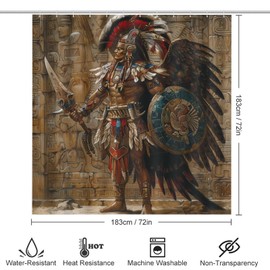 4Pcs Retro Aztec Warrior Shower Curtain Sets Bathroom Decor, Classic Historical Culture Shower Curtain with Non Slip Rug, Toilet Lid Cover, Bath Mat and 12 Hooks 72W x 72L