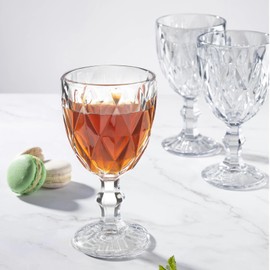 12 Pack Vintage Wine Glasses, Plastic Reusable 12 Ounce Colored Water Goblets, Unique Embossed Pattern Unbreakable Stemmed Wine Glasses High Clear Wedding Party Bar Drinking Cups Clear