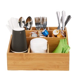 Mind Reader Coffee Condiment and Accessories Caddy Organizer with 9 Organizing Compartments, Bamboo Brown