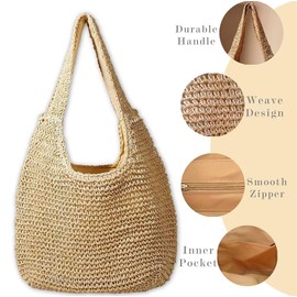 Ginnmo Straw Beach Bag, Large Woven Tote Bag for Women, Shoulder Beach Bag Handbag, Retro Boho Bag for Shopping Travel (Beige)