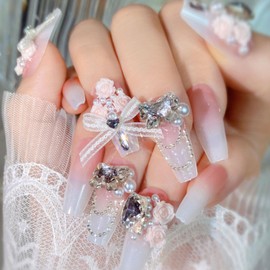 Pink White Ombre Press on Nails Coffin Medium Fake Nails with Bow Pink Flower Luxury Rhinestones Designs 3D Charm Decoration Acrylic Glue on Nails Press ons for Women 24 Pcs