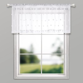 White Valances for Kitchen Rod Pocket Farmhouse Boho Country Decor Lace Pom Dot Design Pattern Textured Curtain Toppers Cute Sheer Valances for Windows Living Room Girls Bedroom Bathroom 18 Length