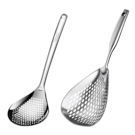 2 Pcs Skimmer Slotted Spoon Stainless Steel, Pasta Spider Strainer with Handle for Frying Cooking, Metal Deep Fryer Scoop Colander Spoon, Kitchen Skimmer Ladle for Oil Filter (Silver)