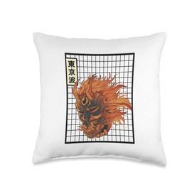 Japanese Demon Mask Oni Mask Grid Japan Aesthetic Anime Throw Pillow