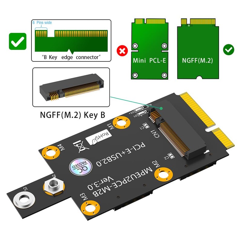 M.2 Key B to Mini PCI-E Adapter with Dual Nano