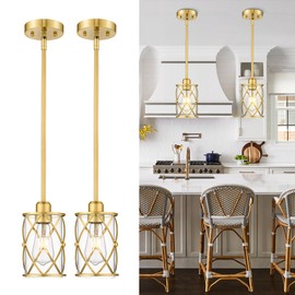 Osimir Brushed Gold Pendant Lights Kitchen Island, 2 Pack Brass Glass Pendant Light Fixture Farmhouse Cage Hanging Lighting with Rod for Kitchen Island Sink Bathroom, CH9176BG-2PKG