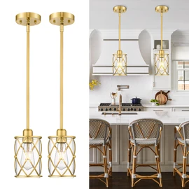 Osimir Brushed Gold Pendant Lights Kitchen Island, 2 Pack Brass Glass Pendant Light Fixture Farmhouse Cage Hanging Lighting with Rod for Kitchen Island Sink Bathroom, CH9176BG-2PKG