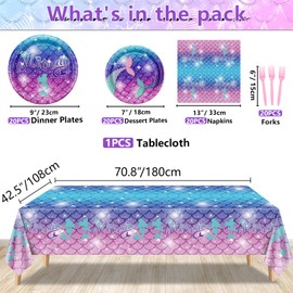 Mermaid Birthday Decorations - 81Pcs Mermaid Party Supplies Including Mermaid Plates and Napkins, Mermaid Tablecloth, Pink Forks for Kids Under the Sea Mermaid Birthday Party Supplies, Serves 20