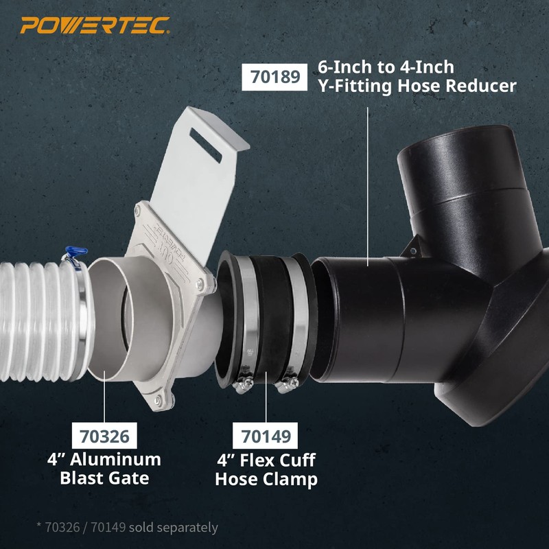 POWERTEC 70189V Y-Fitting Dust Collector | 6-Inch to 4-Inch Hose