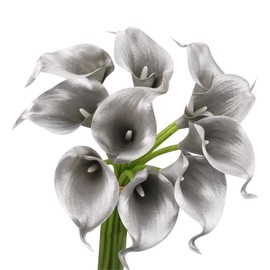 Angel Isabella Real Touch Calla Lily Artificial Flowers — Perfect for a Wedding, Prom, Christmas or Home Decor — Great as a Boutonniere, Corsage or Centerpiece - 10 Stems, Metallic Silver