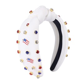 BOXOB American Flag Knotted Headband, Rhinestones Headband for Women Wide Top Hair Hoops USA Flag 4th of July Patriotic Hair Accessories for Independence Day Festive Party Celebrations Gift (White)