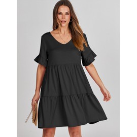 ANRABESS Dresses for Women Summer 2025 V Neck Ruffle Sleeve A Line Tiered Flowy Casual Trendy Mini Beach Dress with Pockets Black XX-Large