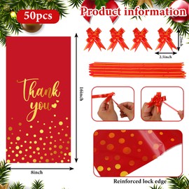 JarThenaAMCS 100Pcs Christmas Thank You Wine Bottle Gift Bag with Pull Bow Red Gold Foil Wine Cellophane Bag Xmas Winter Wine Wrap Bag Cover for Party Home Table Decor