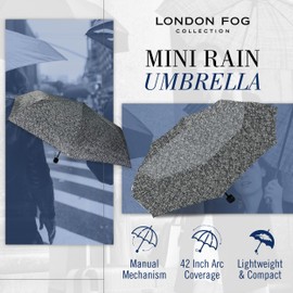 London Fog Mini Rain Umbrella, Manual Folding Umbrella, Windproof, Lightweight and Packable for Travel, Full 42 Inch Arc, Herringbone, Herringbone, 42 Inch Arc