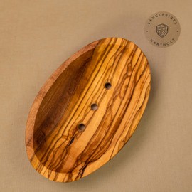 das Olivenholzbrett® Seifenschale aus Olivenholz/Seifenablage aus Holz mit Löchern/Handseifenhalter aus Olivenholz/oval/ca. 13cm