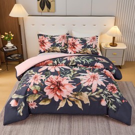 Koniroom Black and Pink Floral Comforter Set Queen Size - 3 Piece Vintage Botanical Bedding, Soft Microfiber Lightweight Comforter with Matching Pillow Shams for All Seasons