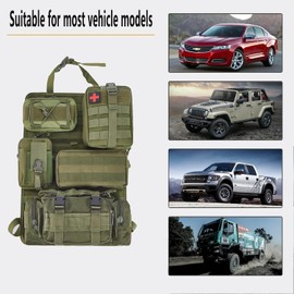 truck seat organizer and storage tactical car back seat back organizer with a Molle Vehicle Panel and 5 Different Size Molle Pouches for most models such as Jeep,SUV,Pickup(Army green)