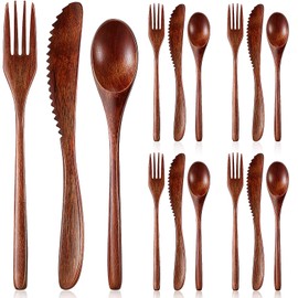 Geiserailie 12 Pcs Wooden Utensils for Eating Wooden Spoon Fork Knife Cutlery Set Kitchen Wood Dinner Flatware Tableware Set Includes Spoon, Fork, Knife