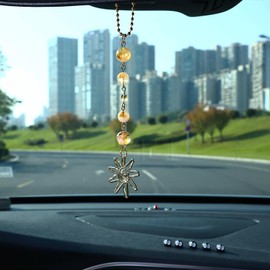 Pyotivol Car Rear View Mirror Accessories Sunny Car Hanging Ornament, Clear Yellow Aventurine Rearview Decor Charm Beaded Crystal Cute Boho Handmade Swinging Interior Decor for Women Men