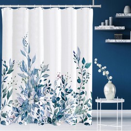 Tititex Blue Eucalyptus Leaves Shower Curtain, Watercolor Leaves Plant with Floral Bathroom Decoration Shower Curtain Sets 71x71 Inch with Hooks