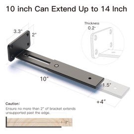 LEOPO Adjustable T Shelf Brackets Extensible 10/12/14 Inch 6-Pack ,1/5'' Thick Heavy Duty Floating Brackets, Telescoping Shelf Brackets for Tight Corners, RVs & Flexible Storage Spaces,Kitchen,Garage