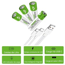 4 Pilas AA Recargables USB C 2600mwh 1.5v Carga Rapida Alta Duración Se cargan en 1.5 Horas - Indicadores LED - Gran Capacidad para Controles Teclados Juguetes - Ciclo de Vida Largo Más de 1200 Ciclos