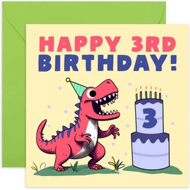 Old English Co. Third Birthday Card for Boys or Girls - Happy 3rd Birthday - Age 3 - Three Years Old - T Rex Dinosaur Themed Birthday Card for Son, Daughter, Niece, Nephew, Grandchild | Blank Inside
