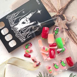 Christmas Xmas Trees Press on Nails Short Square Fake Nails Nude Pink Full Cover Artificial Glue on Nails with Cute Green Monster False Nails Stick on Nails Winter Xmas Nails for Women Nails Art DIY