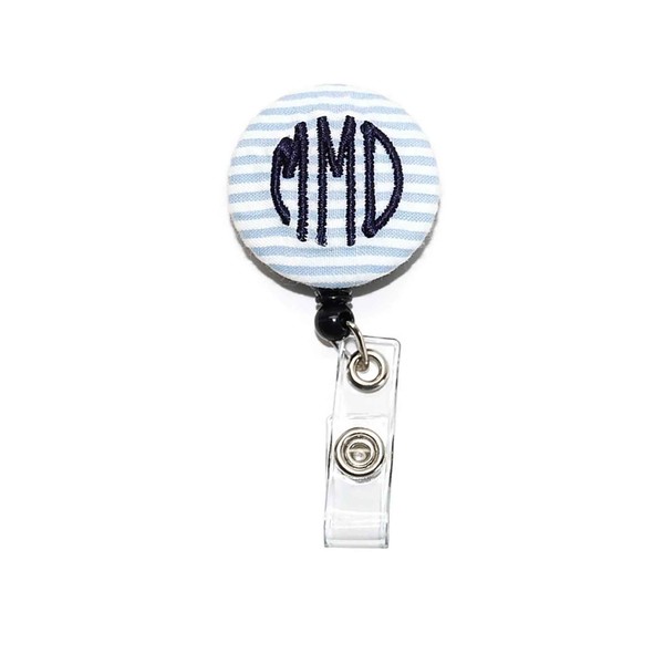 Monogrammed Blue Seersucker with Your Letters Badge Reel Retractable for